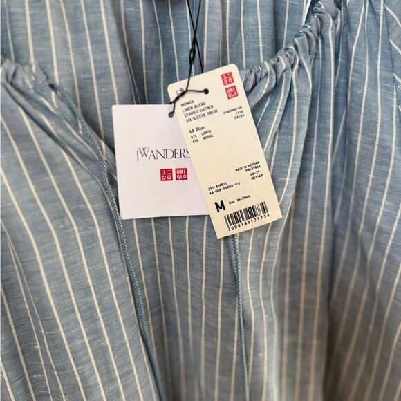 UNIQLO X J.W. ANDERSON Linen Blend Striped Gathered 3/4 Sleeved Dress - Picture 10 of 15